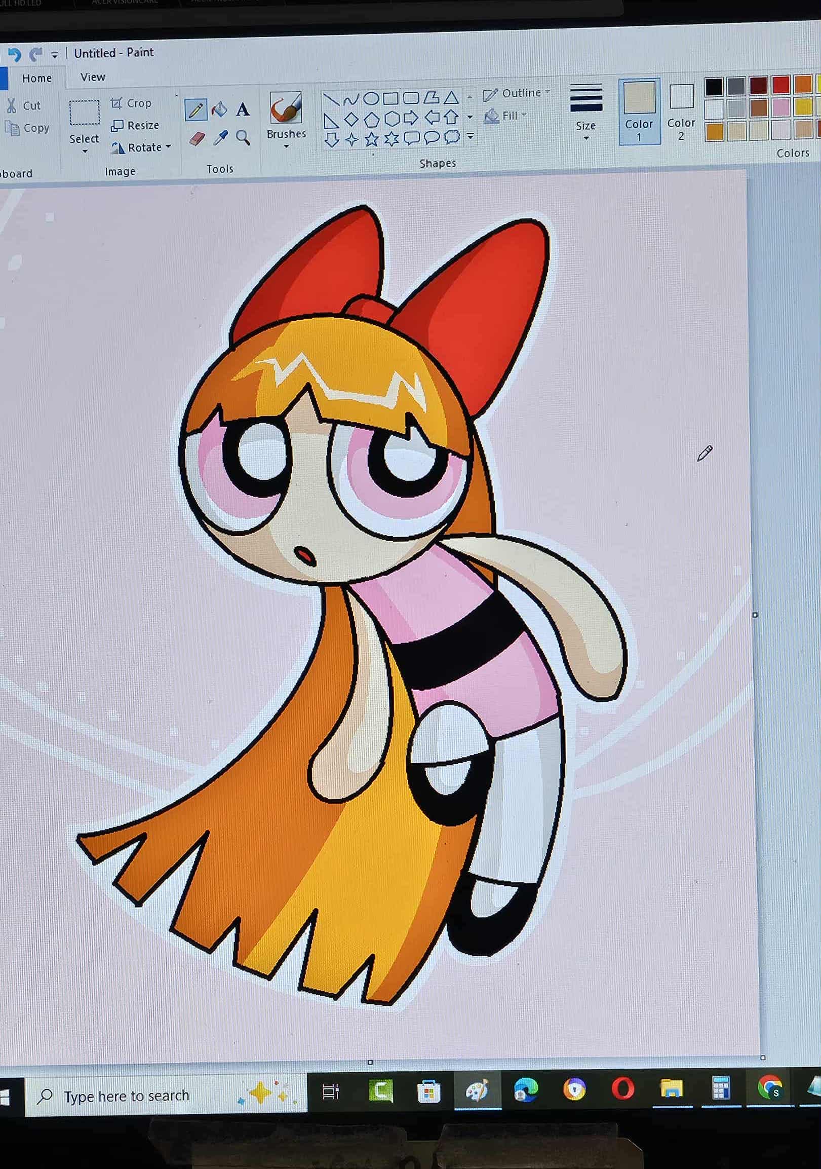 An MSPaint drawing of Blossom on a pink background.