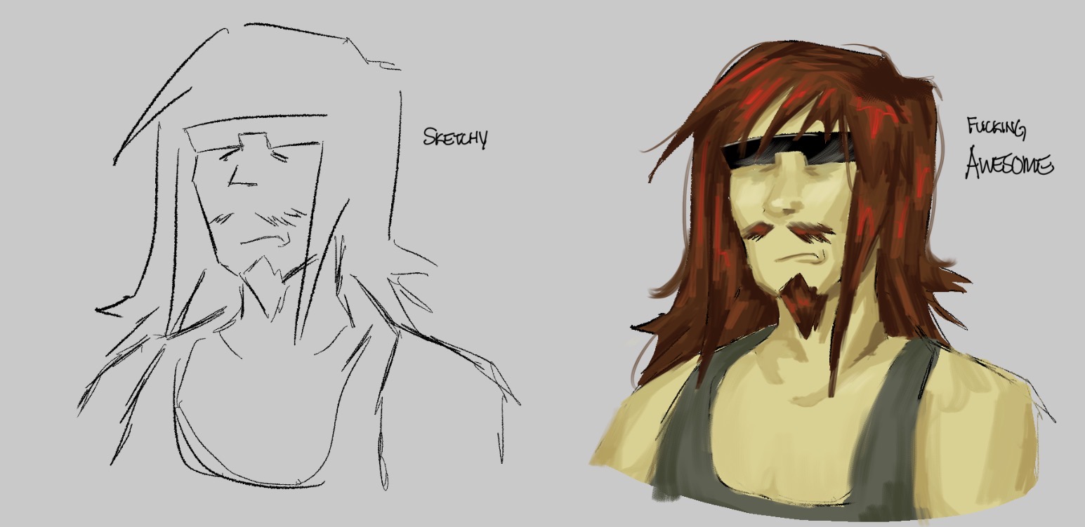 A simple sketch of POSTAL Dude, then a copy of that sketch rendered.