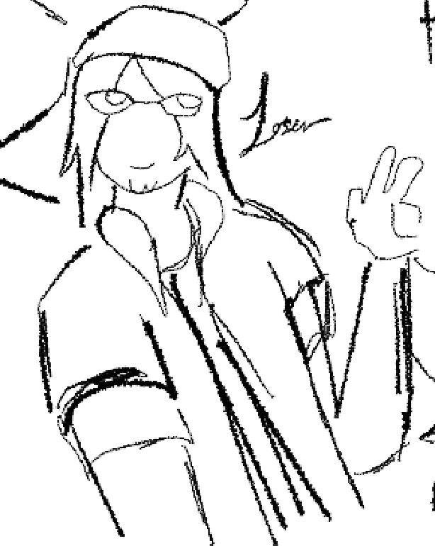 A Loser smiling and doing a peace sign.