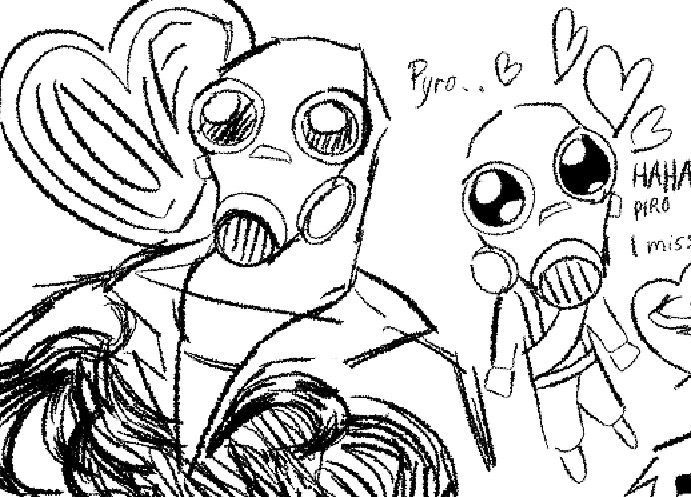 Two Pyro doodles; One of Pyro with big silly-looking eyes and a heart with the word 'LOVE' on it behind them, and the other is a chibi Pyro of significantly lesser quality.