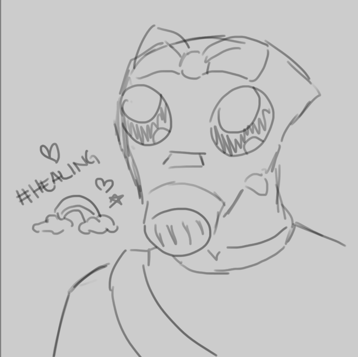 A silly sketch of Pyro being cute with a bow on her head. Theres the word '#HEALING' with a rainbow beside her.