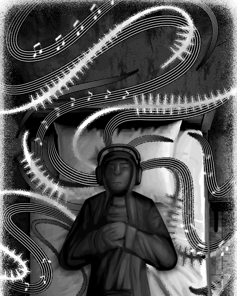 Digital, achromatic, black and white art. A young person in a hoodie, wearing headphones lays down on their bed with closed eyes and a faint smile, listening to music. Rays of light and lines of music surround the person and fill the artwork’s background.