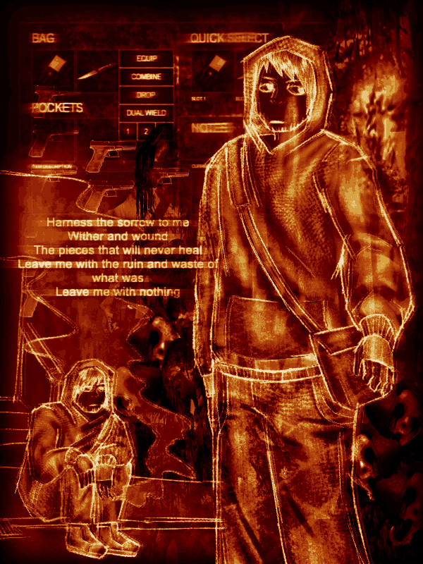 Digital fanart of Simon Henriksson from Cry of Fear in rusty shades. The background is of a dirty hallway, and various images of the game’s UI, weapons, and enemies are scattered across it. On the right, Simon is simply standing, one hand resting on his bag. On the left is a smaller sketch of him sitting on the street’s curb, with a lit cigarette in hand. The text in the artwork reads “Hamess the sorrow to me / Wither and wound / The pieces that will never heal / Leave me with the ruin and waste what was / Leave me with nothing”