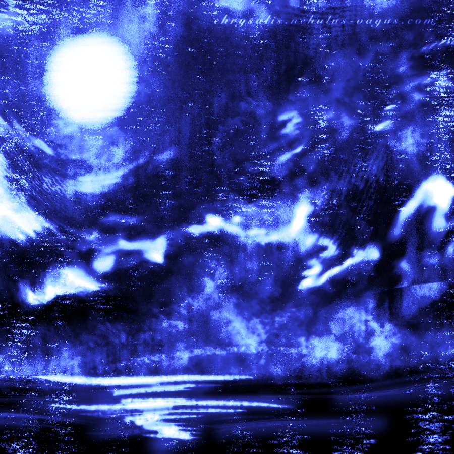 A digital artwork in blue and purple tones. It depicts a landscape, a dark sea highlighted by the bright sky above.