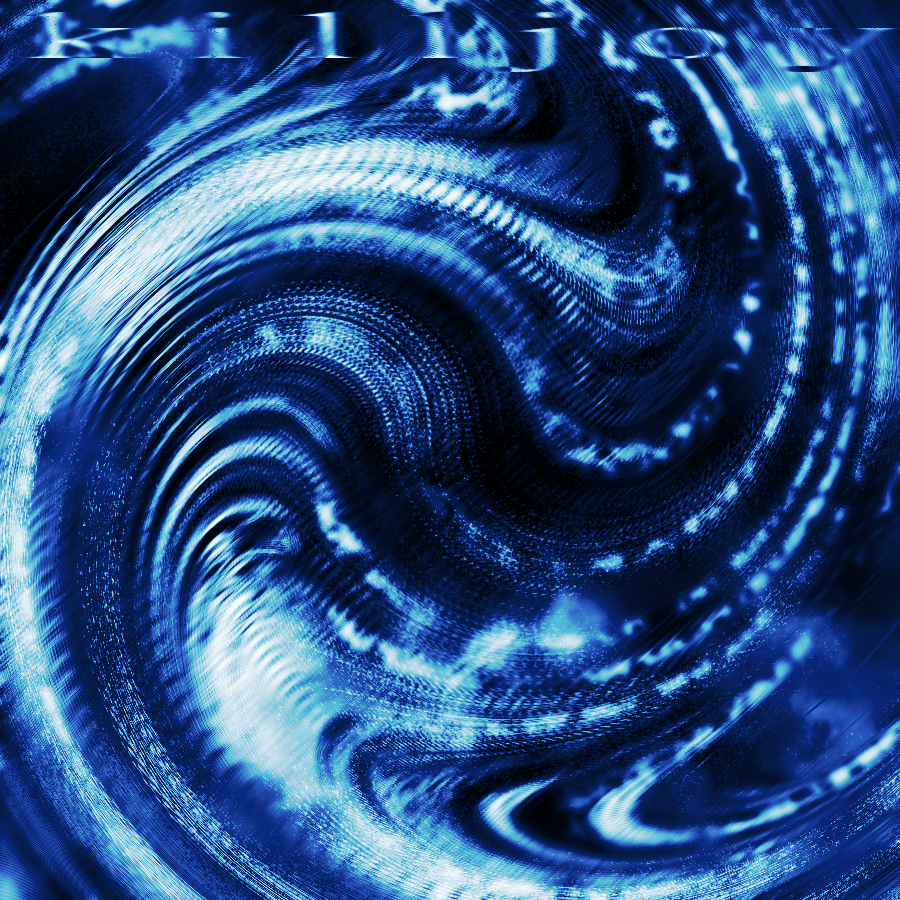 Abstract digital art of swirling tones of blue, black, and purple, which almost forms a smiling, mocking face. The texture looks rough and scattered. Stretched text on the top of the art says “killjoy”.