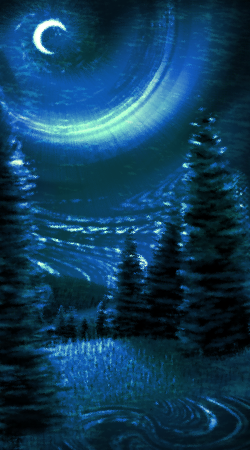 Digital art of a night-time scene in green and blue hues. A crescent moon shines high above, its reflected rays lighting up the forest and lake below.