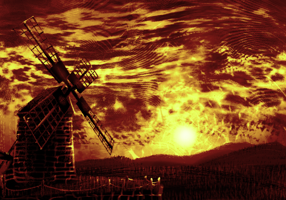 Digital art of a day-time scene in red, yellow, and orange huess. It’s a new dawn, and the sun rises, bringing light to a dark landscape. A windmil sits atop a hill in the foreground, while far away plain grassy hills are in the background.