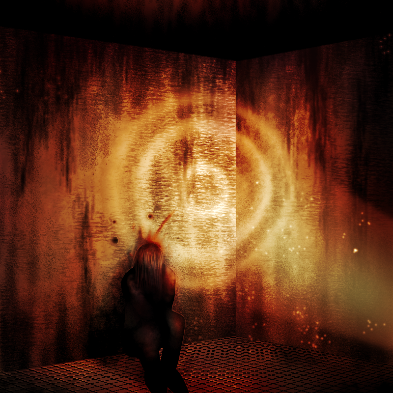 Digital art depicting a flashlight beam lighting up a red and grimy room. The walls are stained and rough, while the tiled floors are dirty. A corpse is sat down on the floor, hair covering their face, barely lit up by the flashlight. There are bullet holes on the wall behind them, and a blood splatter right behind their head.