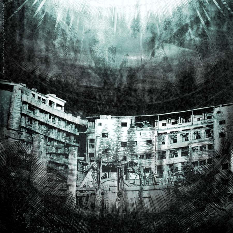 Digital art of a ruined city. The entire artwork is in black, white, and grey, and ever so slightly tinted by blue. A bright light shines from the sky, as if reaching down.